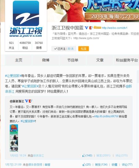 浙江衛(wèi)視的微博轉(zhuǎn)發(fā)