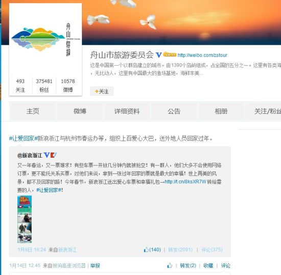 舟山市旅游委員會(huì)的微博轉(zhuǎn)發(fā)
